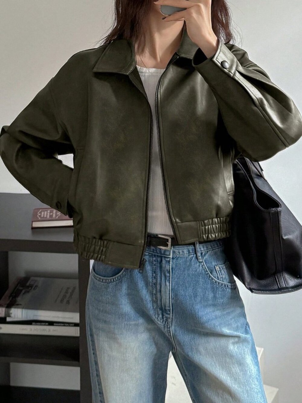 Dark Green Casual Women's Distressed Faux Leather Jacket